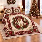 Golden Key Christmas Medallion thin printed quilt with two matching pillow shams; complete-product design mockup with flat printed visual depth.