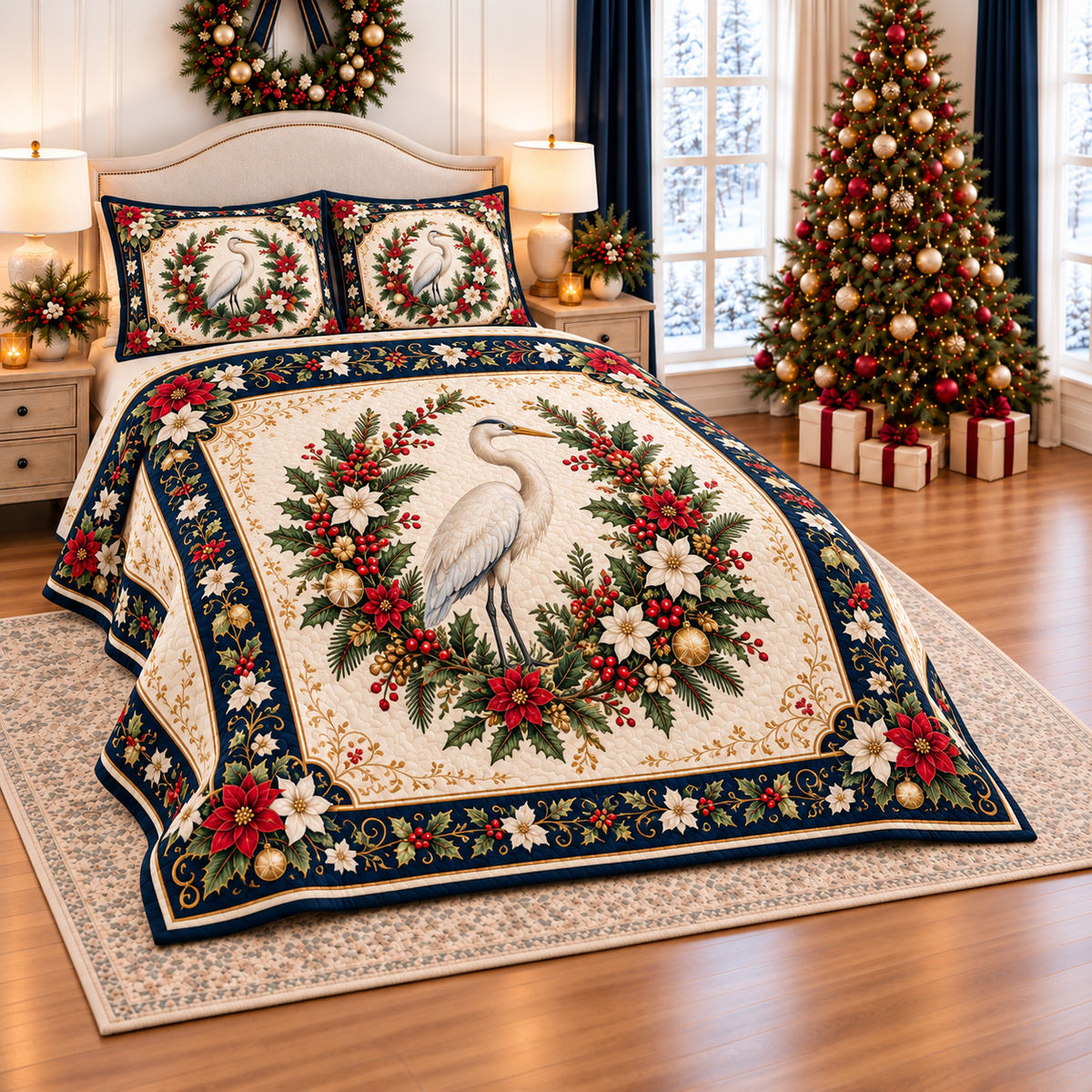 Ivory Heron Christmas Wreath thin printed quilt with two matching pillow shams; complete-product design mockup with flat printed visual depth.