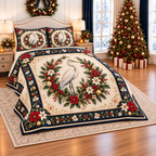Ivory Heron Christmas Wreath thin printed quilt with two matching pillow shams; complete-product design mockup with flat printed visual depth.