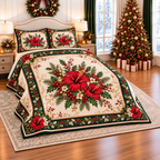 Ruby Hibiscus Christmas Bouquet thin printed quilt with two matching pillow shams; complete-product design mockup with flat printed visual depth.