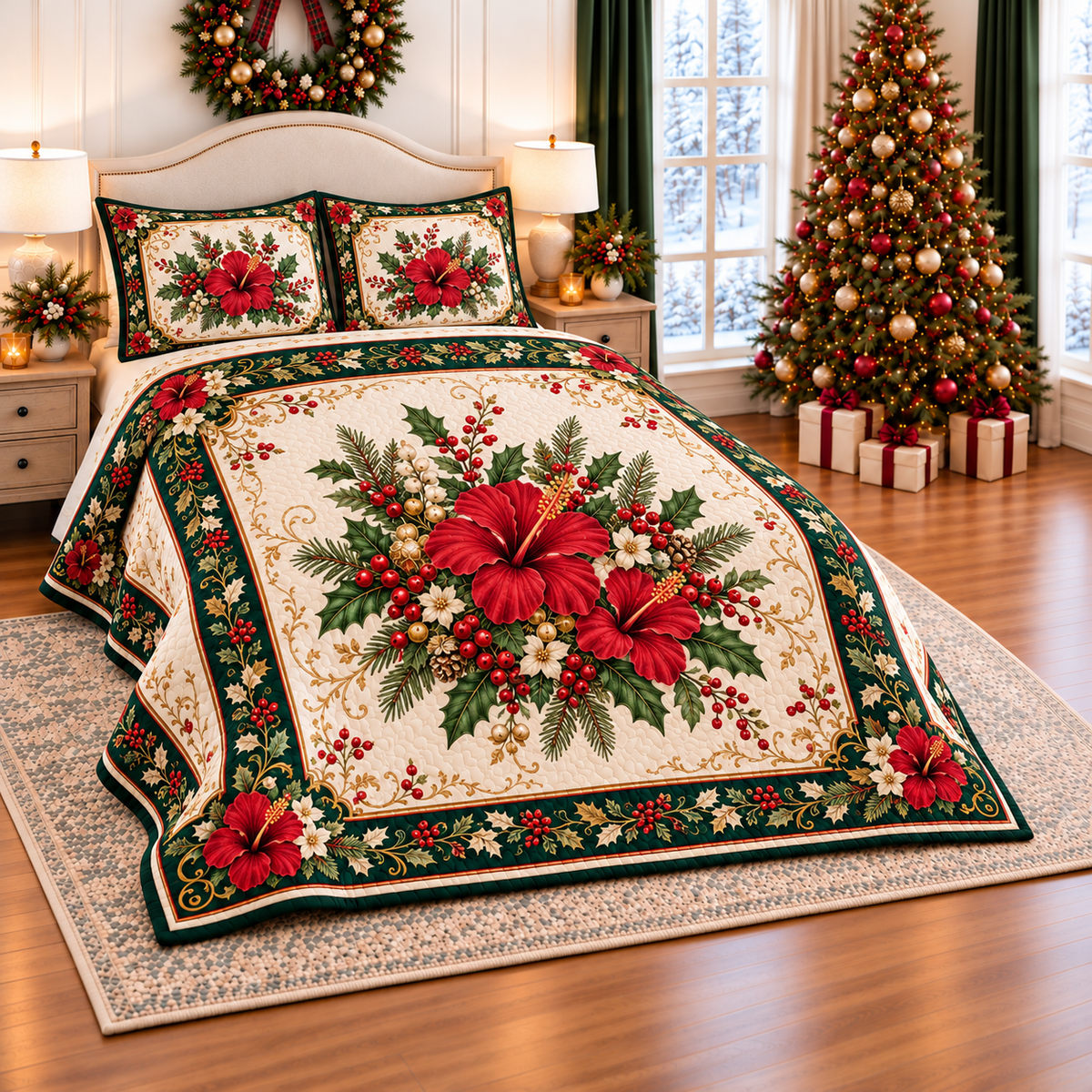 Ruby Hibiscus Christmas Bouquet thin printed quilt with two matching pillow shams; complete-product design mockup with flat printed visual depth.