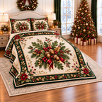 Woodland Acorn Christmas Garland thin printed quilt with two matching pillow shams; complete-product design mockup with flat printed visual depth.