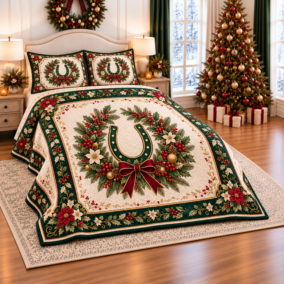 Emerald Horseshoe Christmas Cameo thin printed quilt with two matching pillow shams; complete-product design mockup with flat printed visual depth.