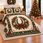 Emerald Horseshoe Christmas Cameo thin printed quilt with two matching pillow shams; complete-product design mockup with flat printed visual depth.