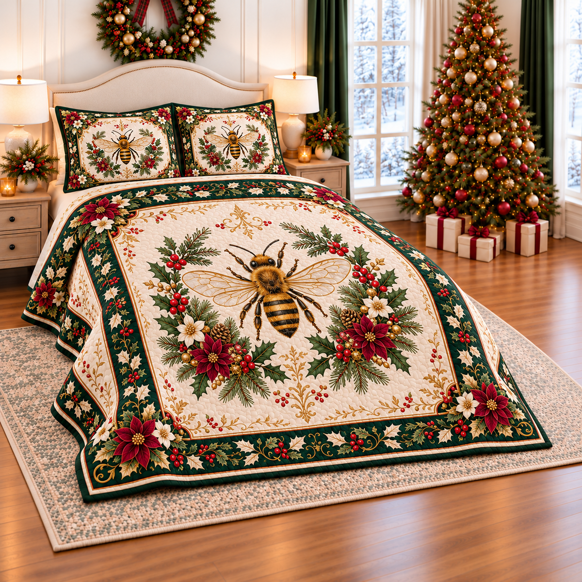 Golden Bee Christmas Holly thin printed quilt with two matching pillow shams; complete-product design mockup with flat printed visual depth.