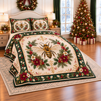 Golden Bee Christmas Holly thin printed quilt with two matching pillow shams; complete-product design mockup with flat printed visual depth.