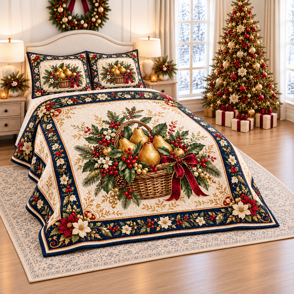 Golden Pear Basket Christmas thin printed quilt with two matching pillow shams; complete-product design mockup with flat printed visual depth.