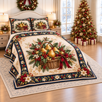 Golden Pear Basket Christmas thin printed quilt with two matching pillow shams; complete-product design mockup with flat printed visual depth.