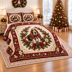 Ivory Basset Christmas Ribbon thin printed quilt with two matching pillow shams; complete-product design mockup with flat printed visual depth.