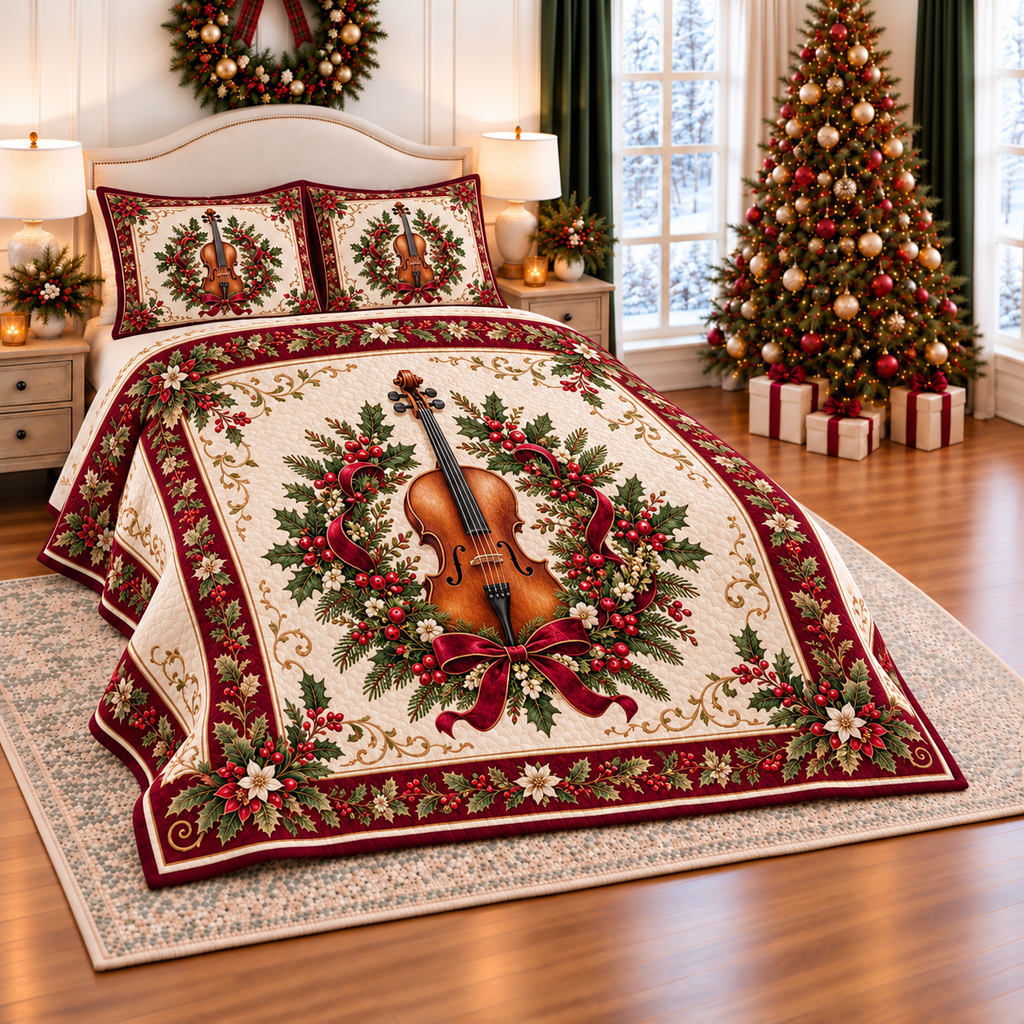 Golden Cello Christmas Wreath thin printed quilt with two matching pillow shams; complete-product design mockup with flat printed visual depth.