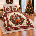 Golden Cello Christmas Wreath thin printed quilt with two matching pillow shams; complete-product design mockup with flat printed visual depth.