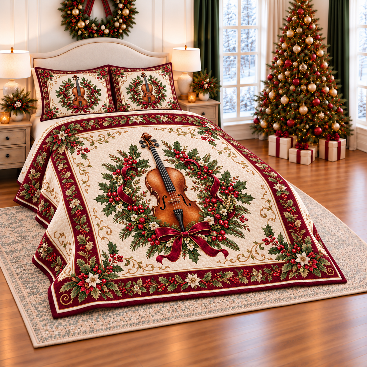 Golden Cello Christmas Wreath thin printed quilt with two matching pillow shams; complete-product design mockup with flat printed visual depth.