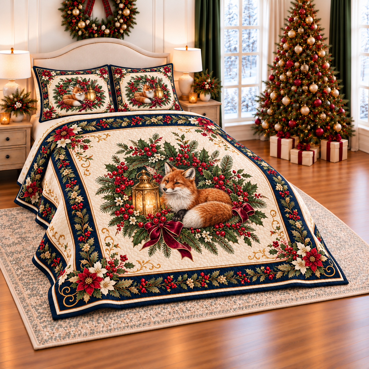 Ivory Fox Christmas Lantern thin printed quilt with two matching pillow shams; complete-product design mockup with flat printed visual depth.