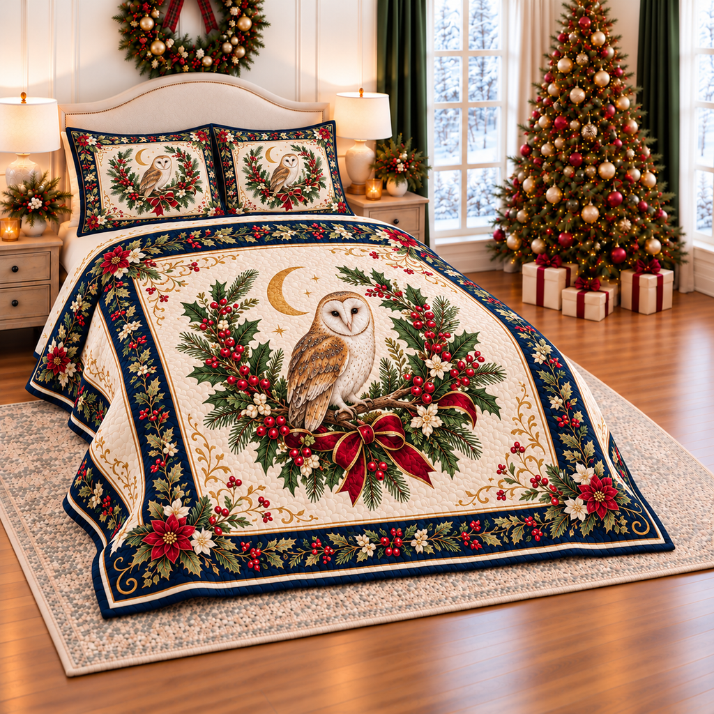 Ivory Owl Christmas Moon thin printed quilt with two matching pillow shams; complete-product design mockup with flat printed visual depth.