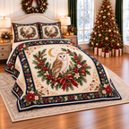 Ivory Owl Christmas Moon thin printed quilt with two matching pillow shams; complete-product design mockup with flat printed visual depth.