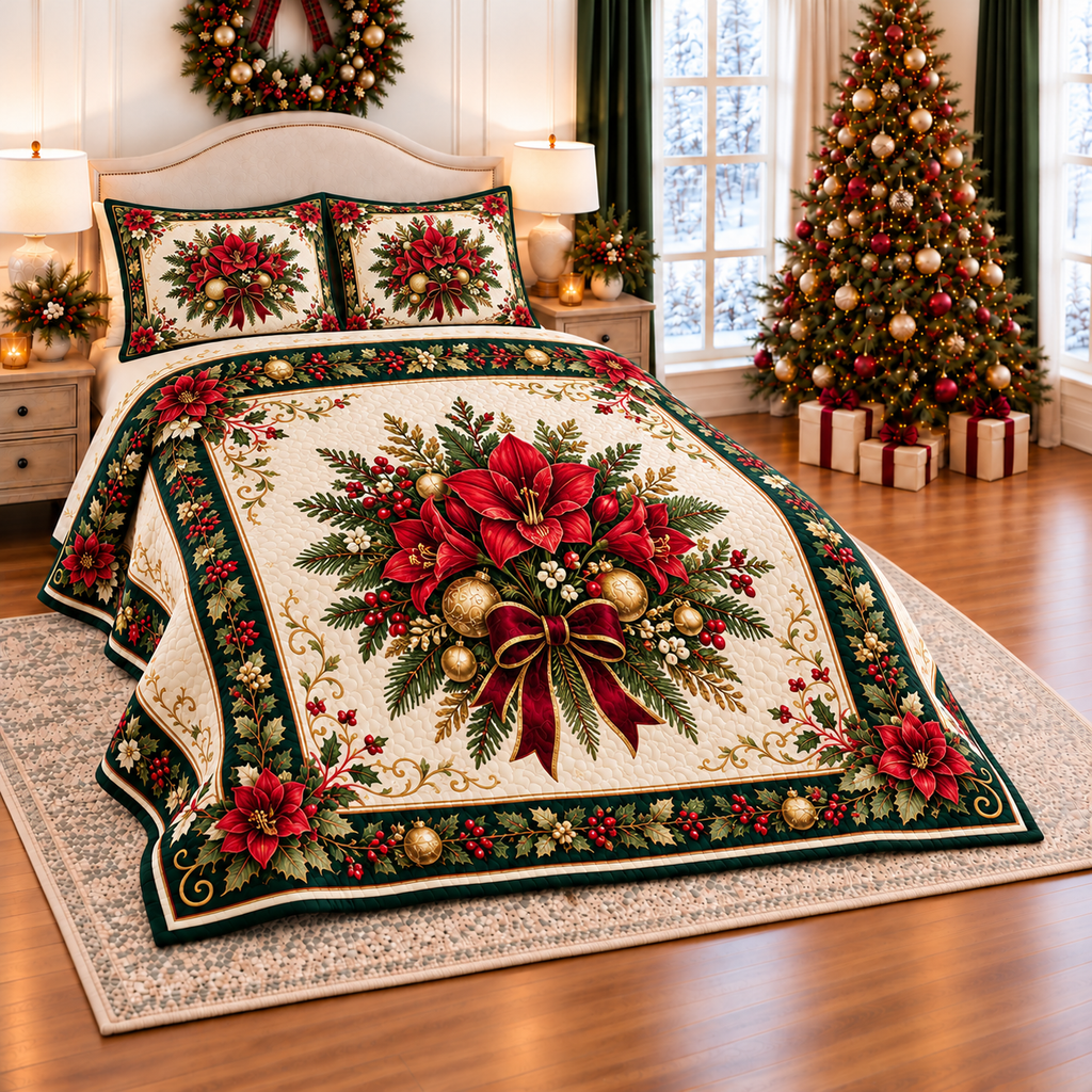 Ruby Amaryllis Christmas Bow thin printed quilt with two matching pillow shams; complete-product design mockup with flat printed visual depth.