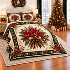 Ruby Amaryllis Christmas Bow thin printed quilt with two matching pillow shams; complete-product design mockup with flat printed visual depth.