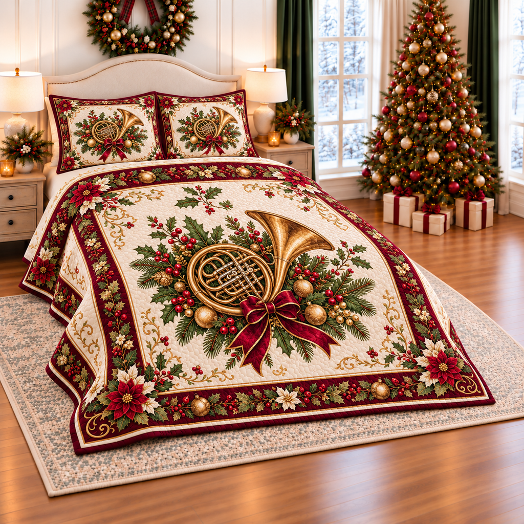 Golden French Horn Christmas thin printed quilt with two matching pillow shams; complete-product design mockup with flat printed visual depth.