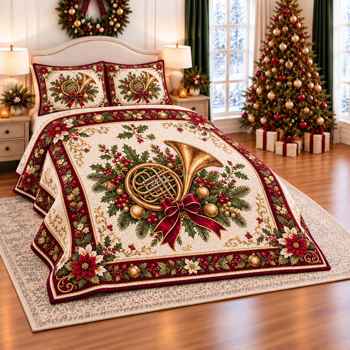 Golden French Horn Christmas thin printed quilt with two matching pillow shams; complete-product design mockup with flat printed visual depth.