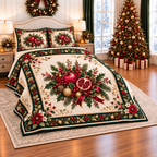 Golden Pomegranate Christmas Bow thin printed quilt with two matching pillow shams; complete-product design mockup with flat printed visual depth.