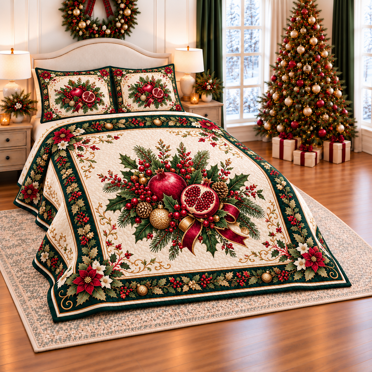Golden Pomegranate Christmas Bow thin printed quilt with two matching pillow shams; complete-product design mockup with flat printed visual depth.