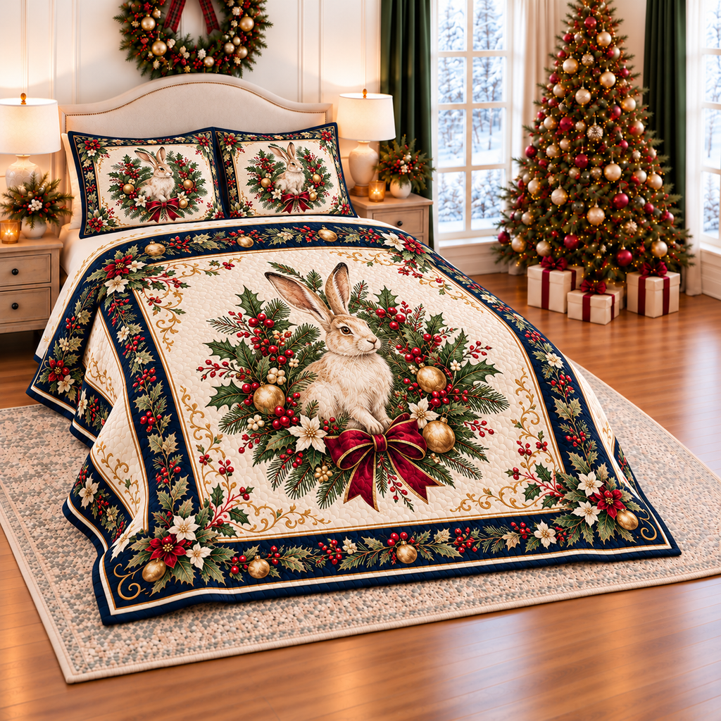 Ivory Hare Christmas Wreath thin printed quilt with two matching pillow shams; complete-product design mockup with flat printed visual depth.
