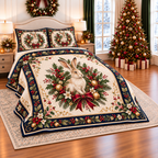 Ivory Hare Christmas Wreath thin printed quilt with two matching pillow shams; complete-product design mockup with flat printed visual depth.