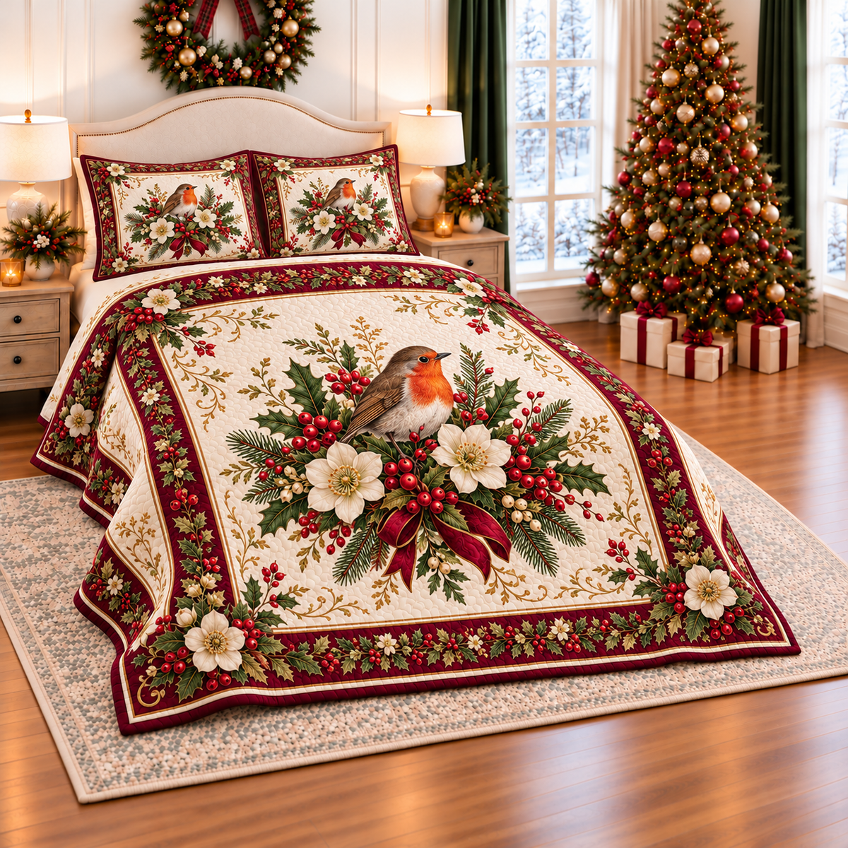 Ruby Robin Christmas Rose thin printed quilt with two matching pillow shams; complete-product design mockup with flat printed visual depth.