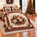 Ruby Robin Christmas Rose thin printed quilt with two matching pillow shams; complete-product design mockup with flat printed visual depth.