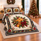Golden Apricot Christmas Basket thin printed quilt with two matching pillow shams; complete-product design mockup with flat printed visual depth.