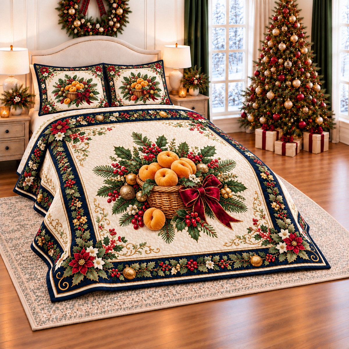 Golden Apricot Christmas Basket thin printed quilt with two matching pillow shams; complete-product design mockup with flat printed visual depth.