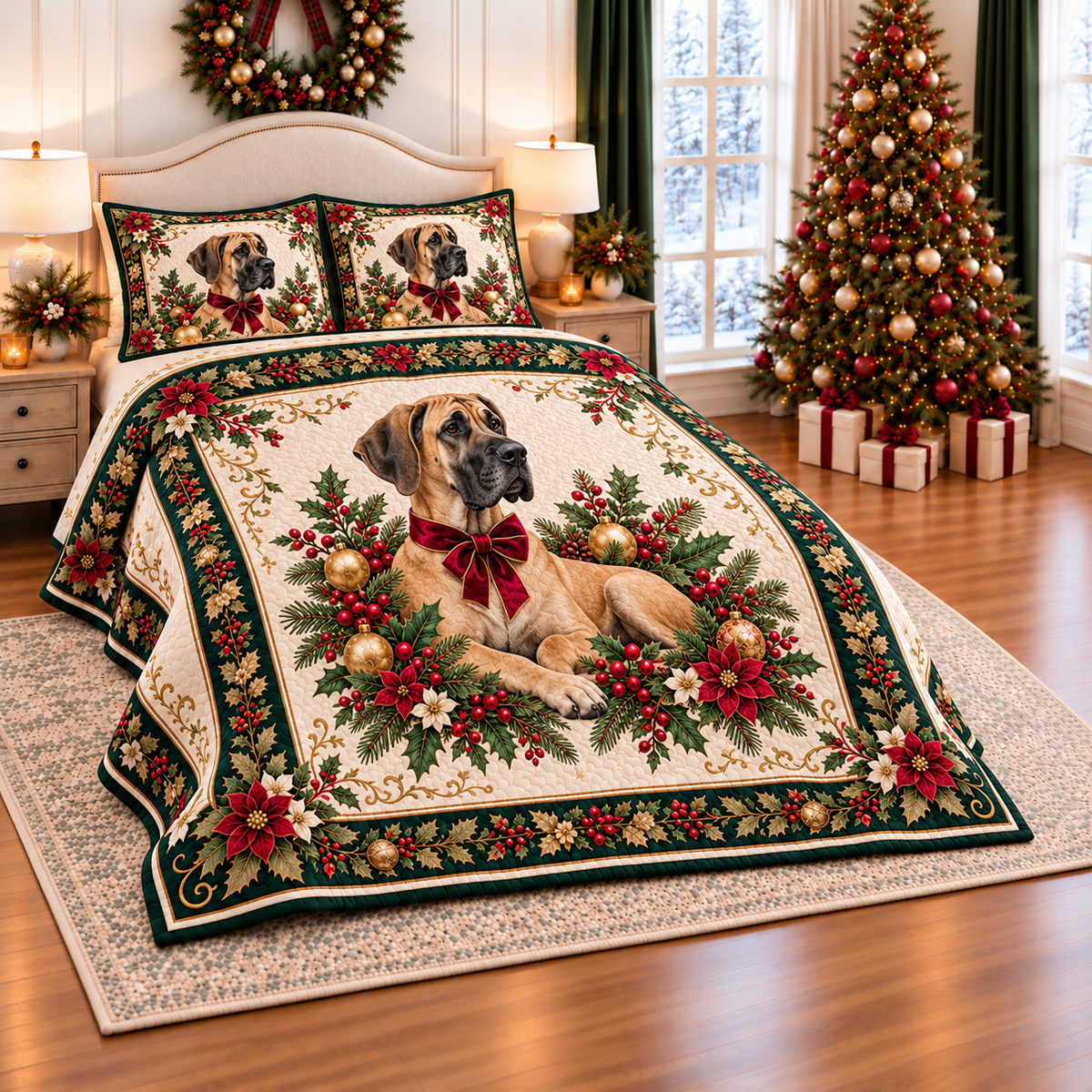 Ivory Great Dane Christmas Bow thin printed quilt with two matching pillow shams; complete-product design mockup with flat printed visual depth.