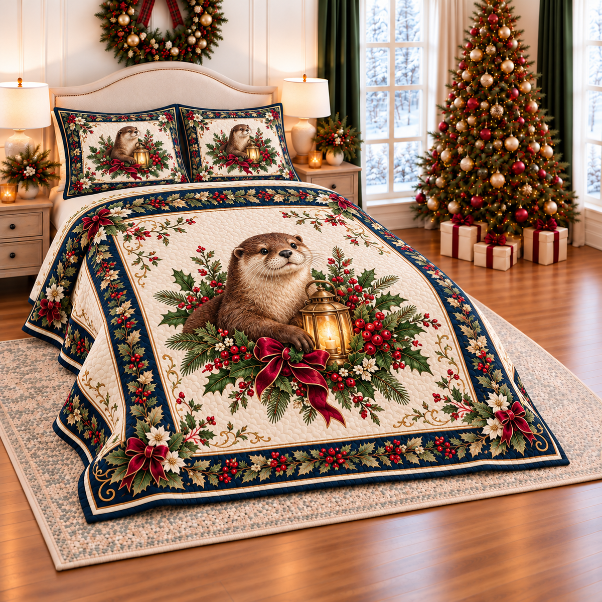 Ivory Otter Christmas Lantern thin printed quilt with two matching pillow shams; complete-product design mockup with flat printed visual depth.