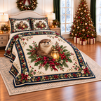 Ivory Otter Christmas Lantern thin printed quilt with two matching pillow shams; complete-product design mockup with flat printed visual depth.