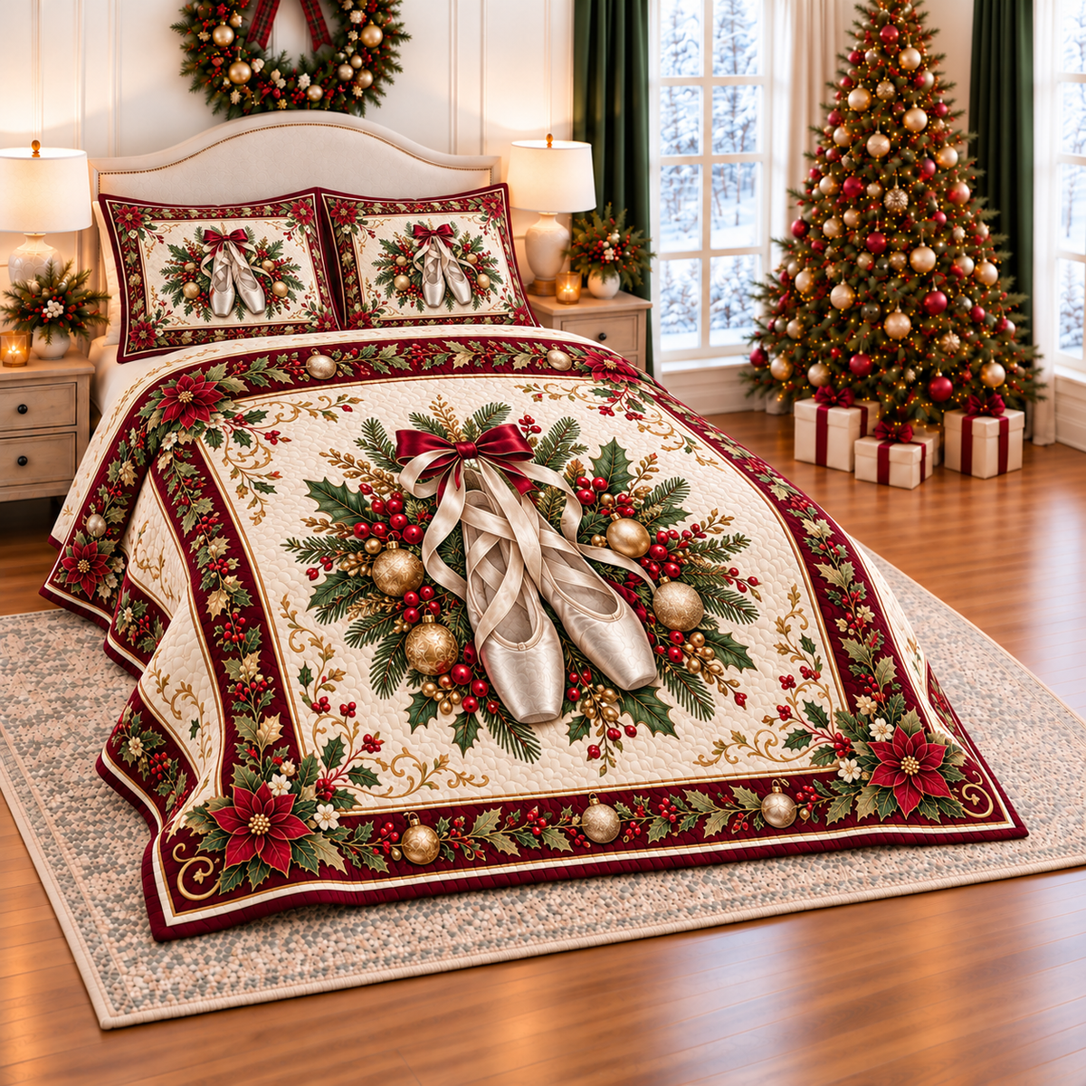 Silver Ballet Christmas Ribbon thin printed quilt with two matching pillow shams; complete-product design mockup with flat printed visual depth.