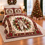 Silver Ballet Christmas Ribbon thin printed quilt with two matching pillow shams; complete-product design mockup with flat printed visual depth.