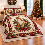 Golden Harp Christmas Bow thin printed quilt with two matching pillow shams; complete-product design mockup with flat printed visual depth.