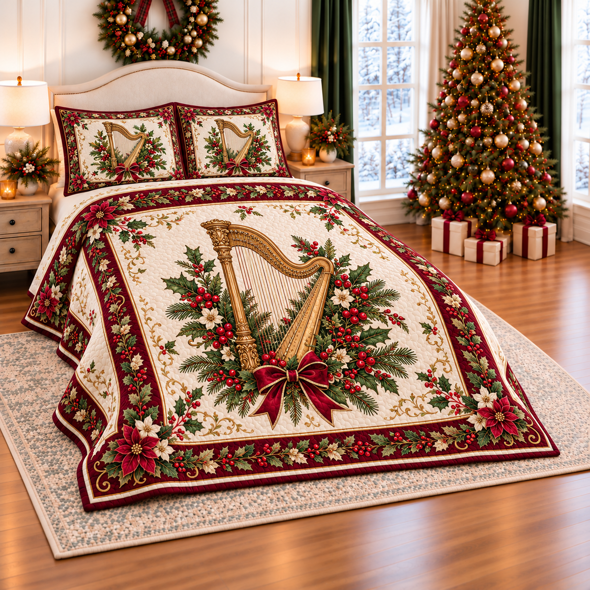 Golden Harp Christmas Bow thin printed quilt with two matching pillow shams; complete-product design mockup with flat printed visual depth.