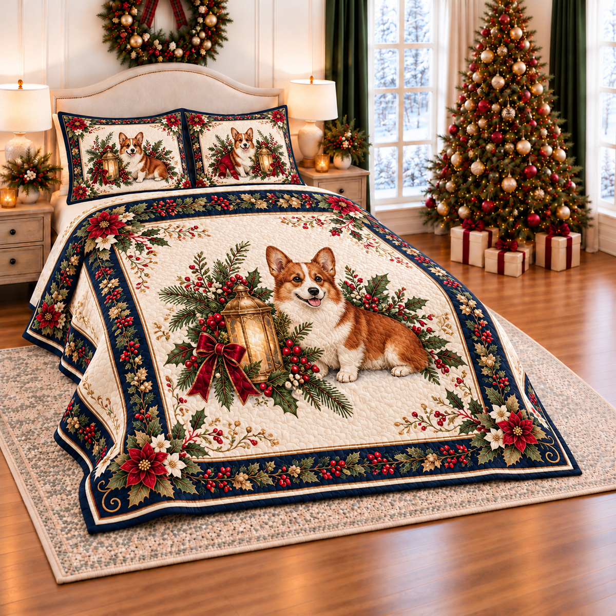Ivory Corgi Christmas Lantern thin printed quilt with two matching pillow shams; complete-product design mockup with flat printed visual depth.