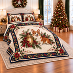 Ivory Corgi Christmas Lantern thin printed quilt with two matching pillow shams; complete-product design mockup with flat printed visual depth.