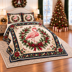 Ivory Flamingo Christmas Wreath thin printed quilt with two matching pillow shams; complete-product design mockup with flat printed visual depth.
