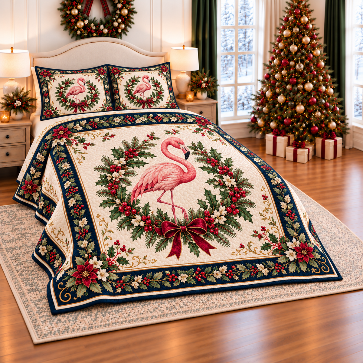 Ivory Flamingo Christmas Wreath thin printed quilt with two matching pillow shams; complete-product design mockup with flat printed visual depth.