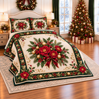 Ruby Camellia Christmas Bouquet thin printed quilt with two matching pillow shams; complete-product design mockup with flat printed visual depth.