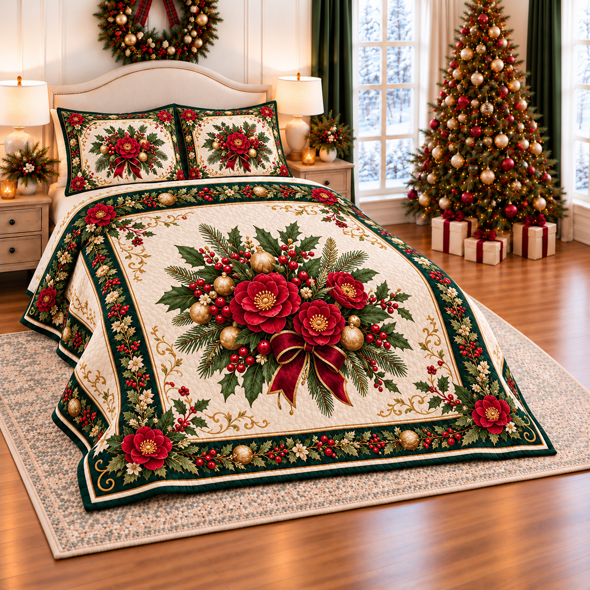 Ruby Camellia Christmas Bouquet thin printed quilt with two matching pillow shams; complete-product design mockup with flat printed visual depth.