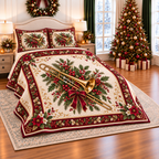 Golden Trombone Christmas Bow thin printed quilt with two matching pillow shams; complete-product design mockup with flat printed visual depth.