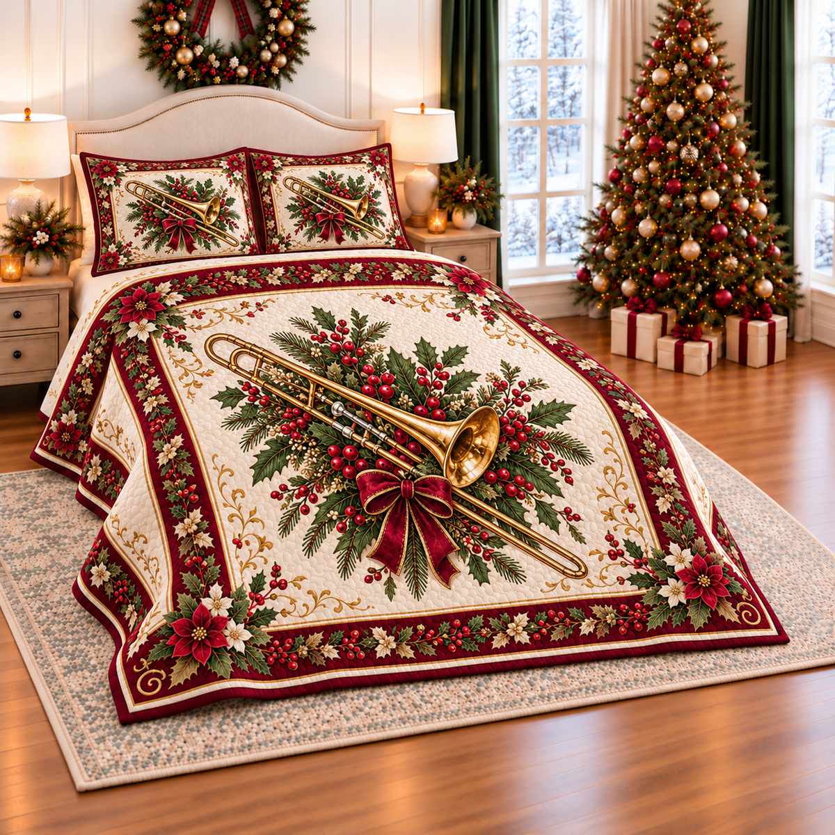 Golden Trombone Christmas Bow thin printed quilt with two matching pillow shams; complete-product design mockup with flat printed visual depth.