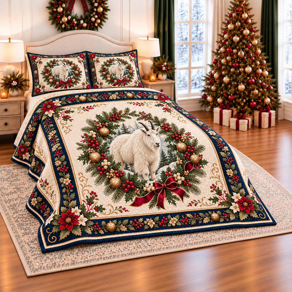 Ivory Mountain Goat Christmas thin printed quilt with two matching pillow shams; complete-product design mockup with flat printed visual depth.