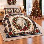 Ivory Mountain Goat Christmas thin printed quilt with two matching pillow shams; complete-product design mockup with flat printed visual depth.