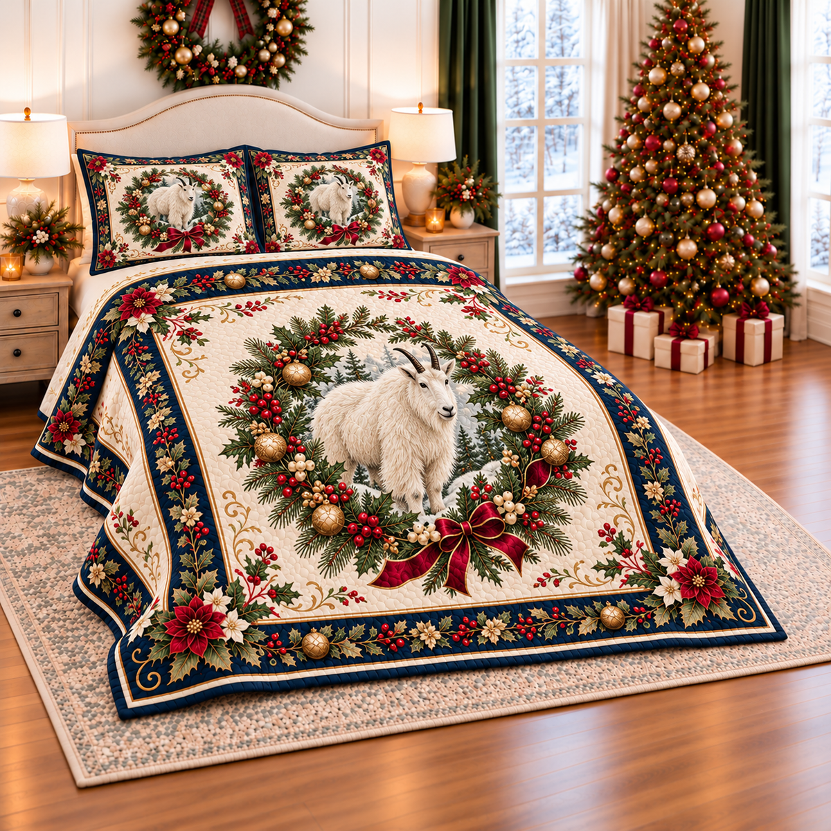 Ivory Mountain Goat Christmas thin printed quilt with two matching pillow shams; complete-product design mockup with flat printed visual depth.