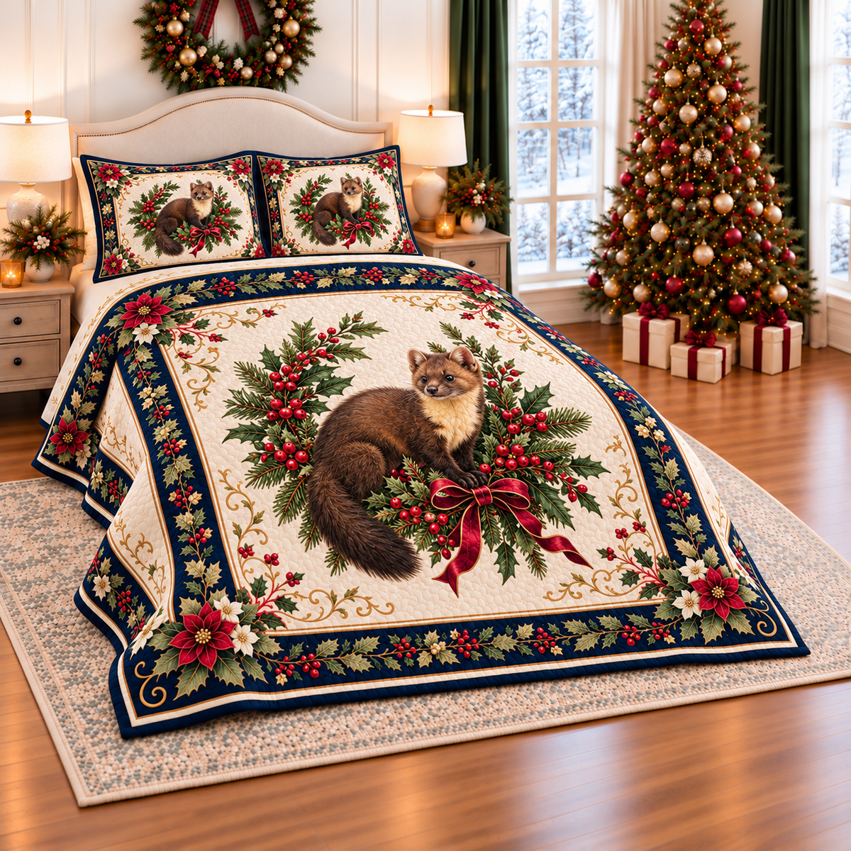 Ivory Pine Marten Christmas Wreath thin printed quilt with two matching pillow shams; complete-product design mockup with flat printed visual depth.